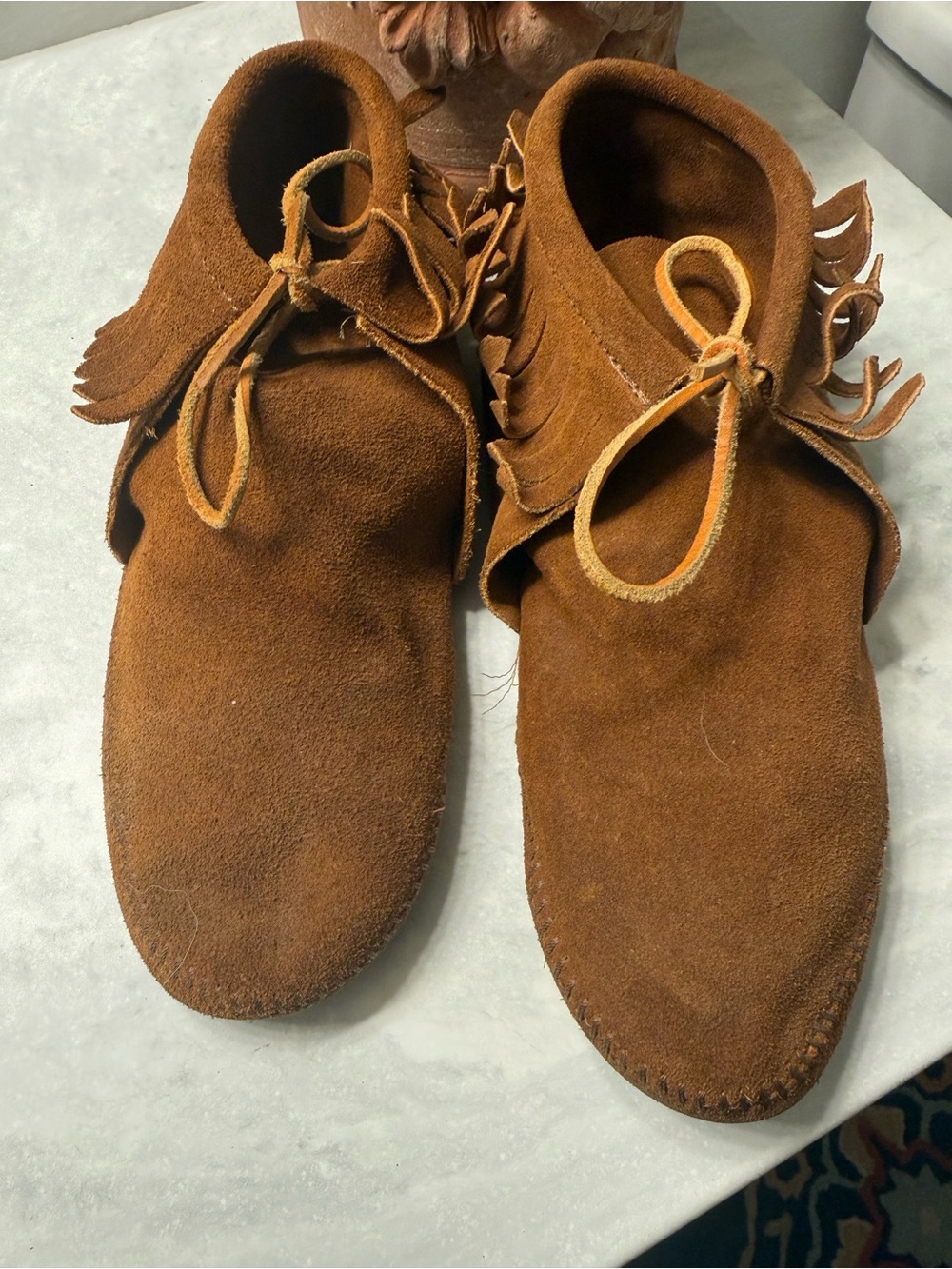 Minnetonka Moccasins Fringe Suede Moccasin Ankle Boots - Chestnut Brown